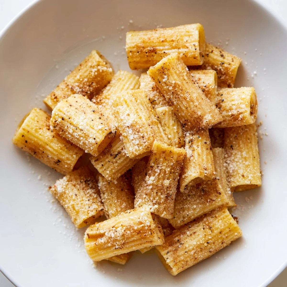 Air fryer pasta chips, a crunchy Italian-American snack, tossed with olive oil and Parmesan cheese before baking.
