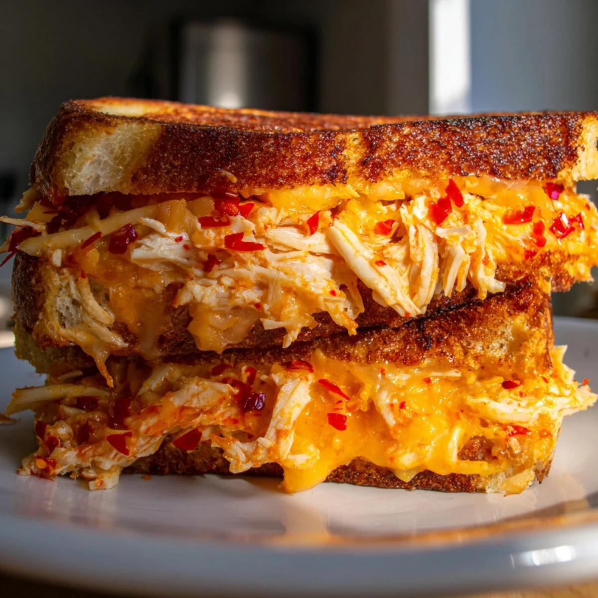 Golden-brown Chili Crisp Honey Chicken Grilled Cheese, dripping with melted cheese, ready to eat.