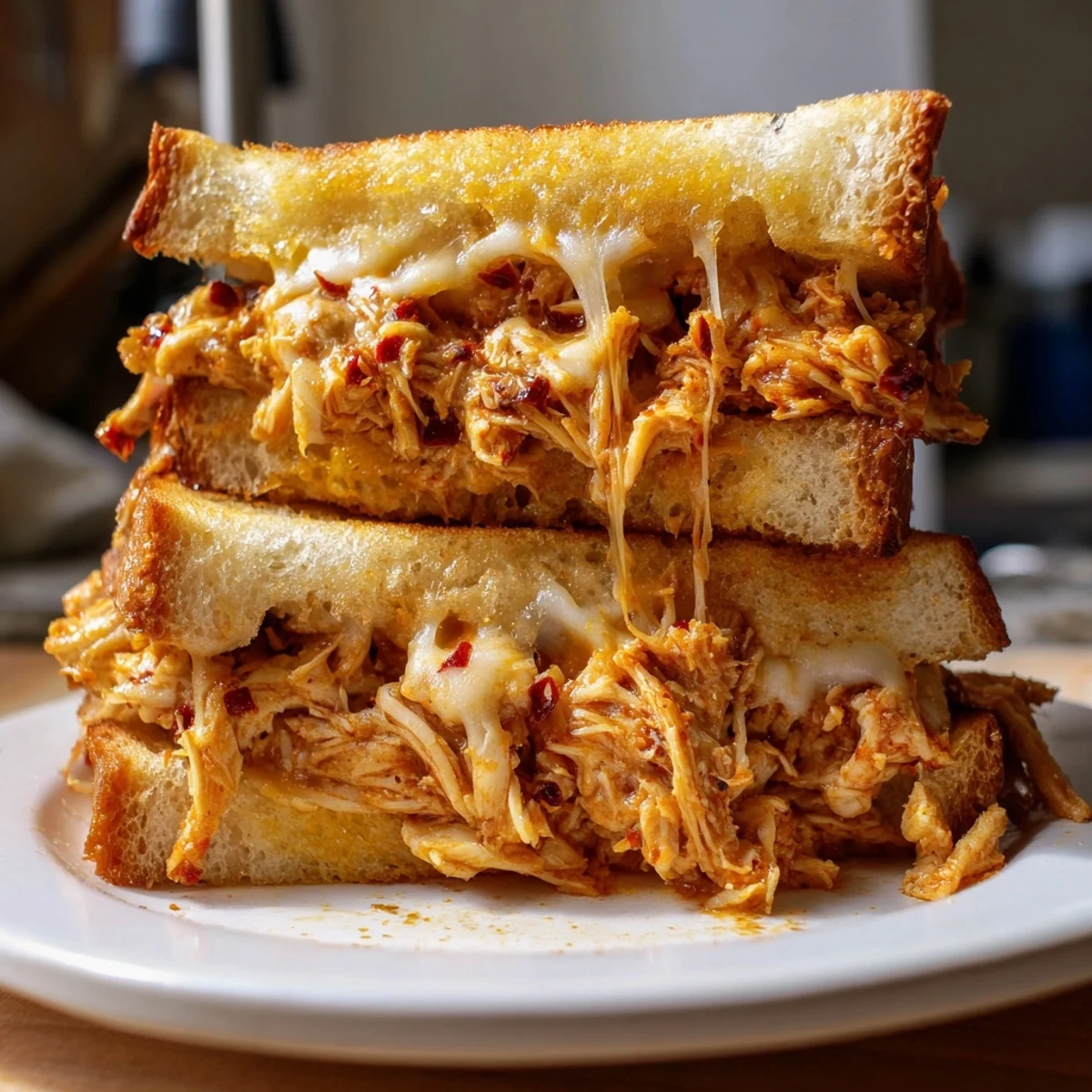 A close-up of a perfectly grilled Chili Crisp Honey Chicken Grilled Cheese with a spicy aroma.