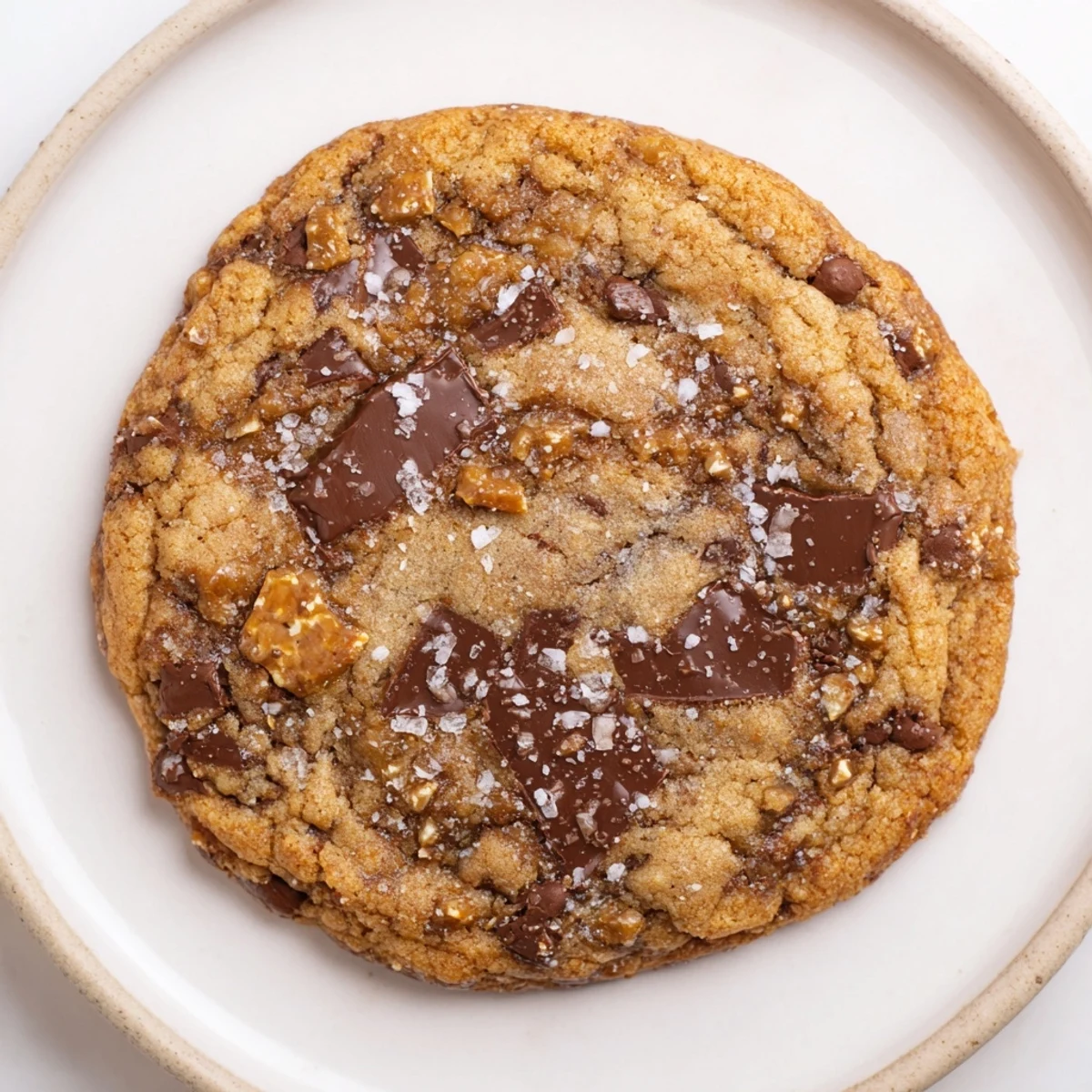 Close-up of baked Miso Brown Butter Cookies, showing chocolate chunks and delightful, textured edges.