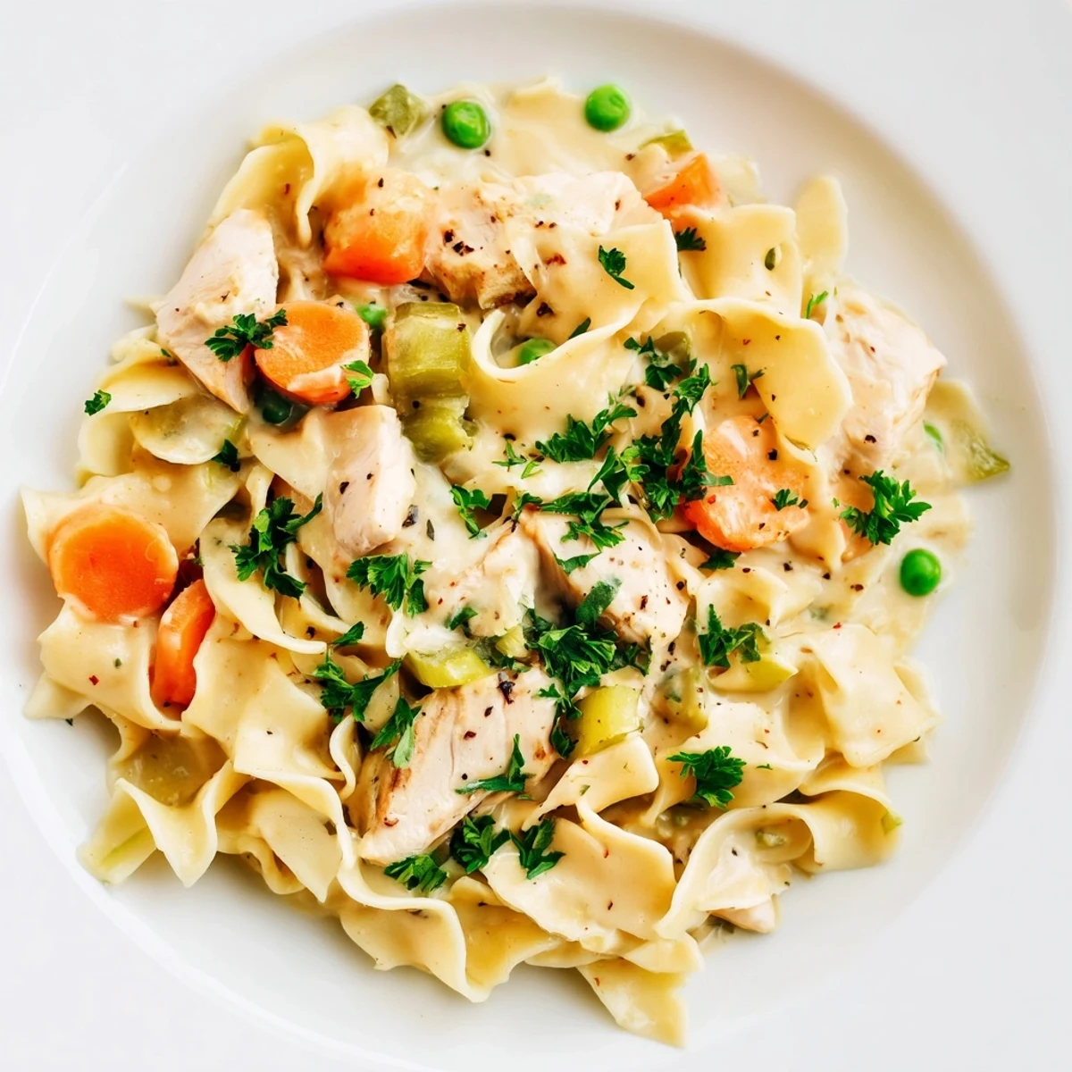 Steaming bowl of creamy chicken and egg noodles, perfect for a cozy, comforting dinner.