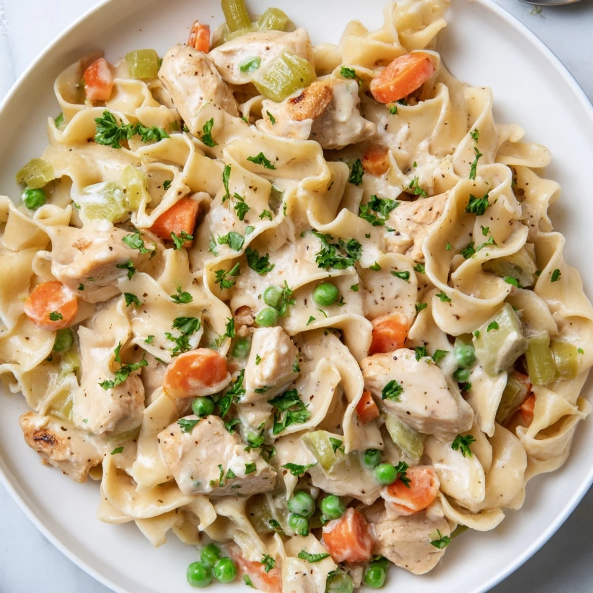 A close-up of creamy chicken and egg noodles, garnished with fresh parsley, looks divine.