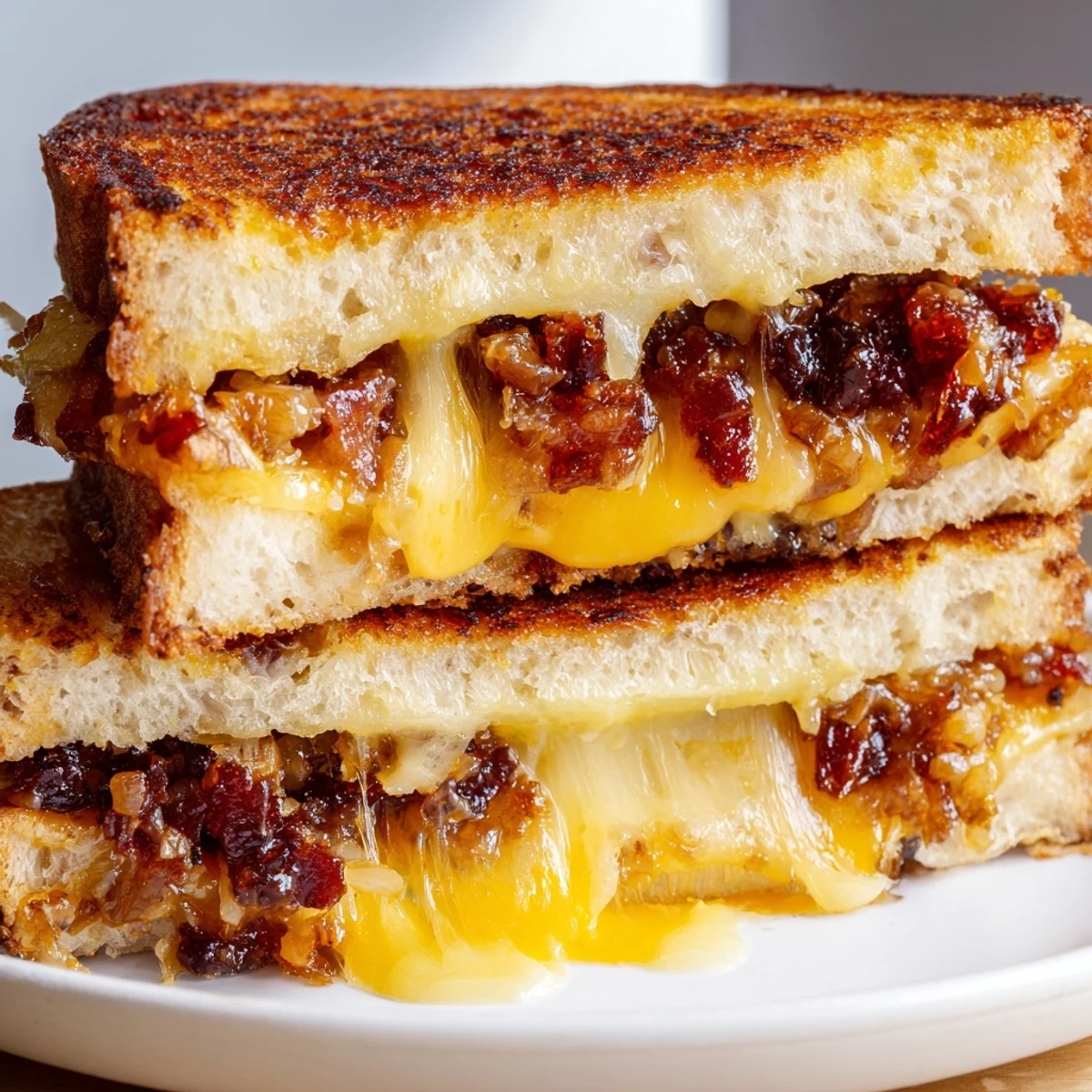 A close-up of a Bacon Jam Grilled Cheese showcasing crispy bread and that incredible bacon jam filling.