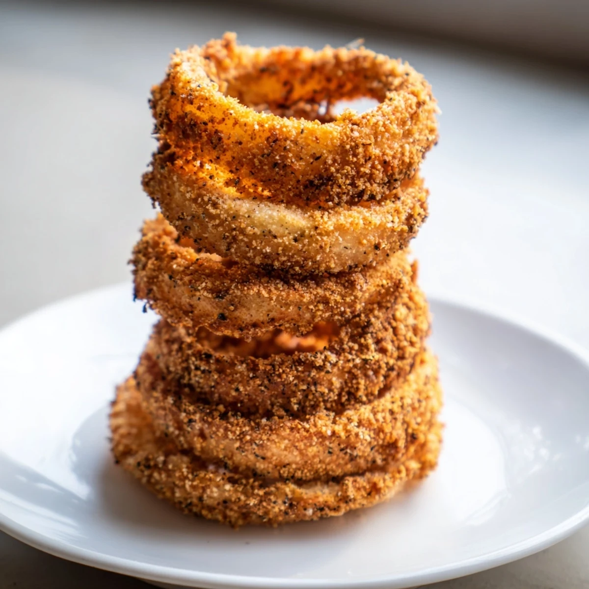 Golden, crispy Crispy Onion Ring Tower, piled high, ready to be devoured with your favorite dipping sauce.