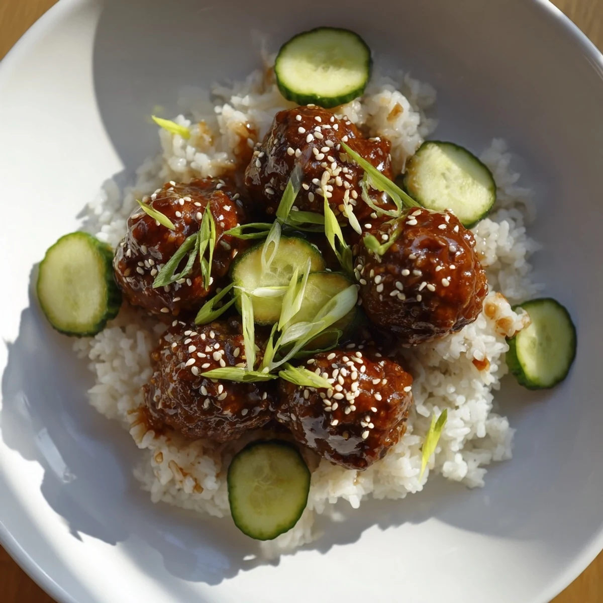 Tender teriyaki meatball bowls featuring glistening meatballs, a vibrant sauce, and fresh cucumber slices on rice.