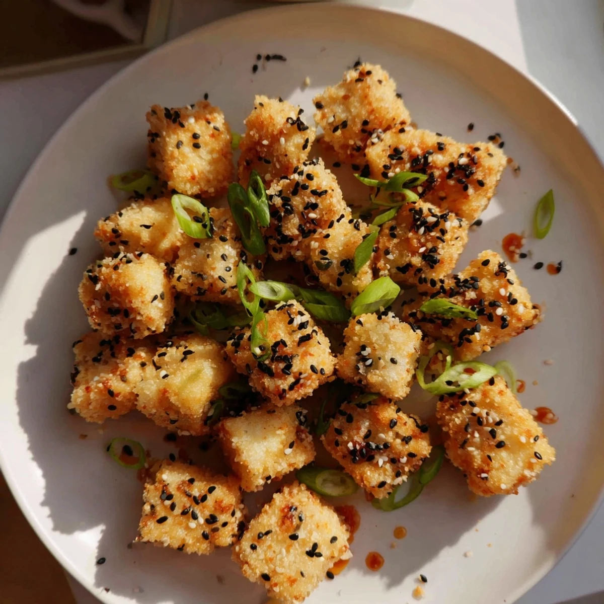 Golden and crispy Honey Sriracha Tofu Nuggets glistening with a sweet and spicy glaze ready to enjoy.