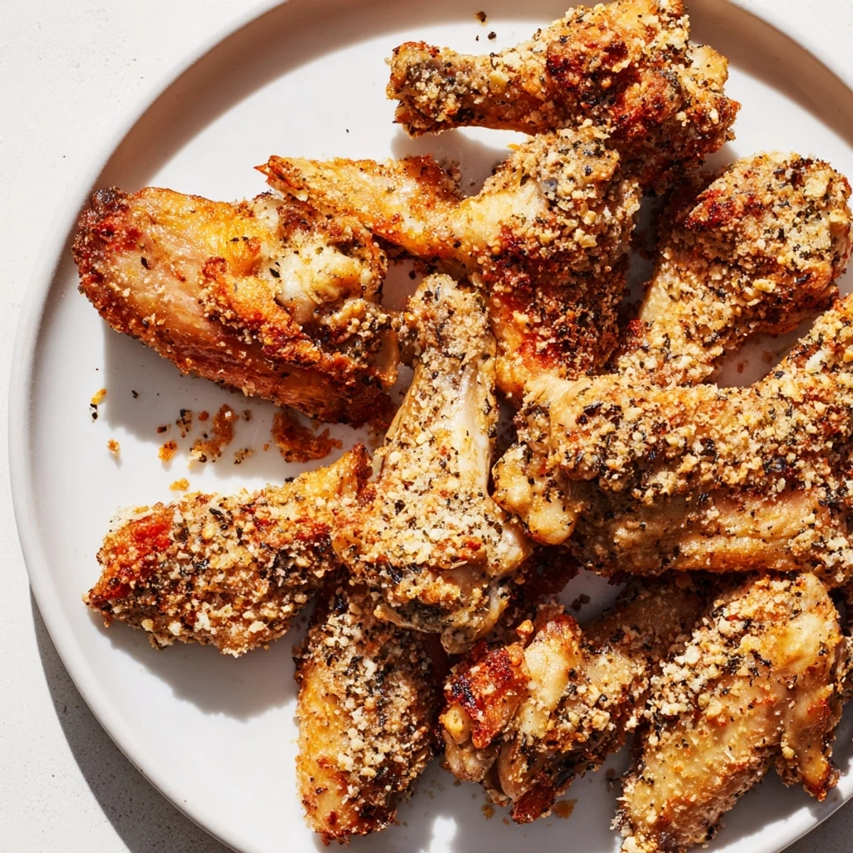 Close-up of crispy Baked Parmesan Chicken Wings with a herb and cheese crust, delicious and easy.