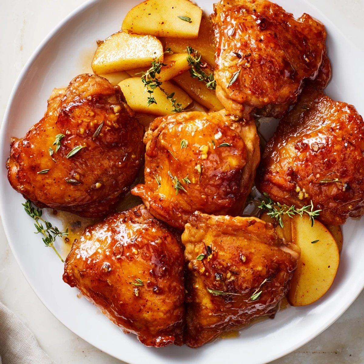 Golden, glistening Sticky Maple Apple Chicken, a savory and sweet baked main dish ready to serve.