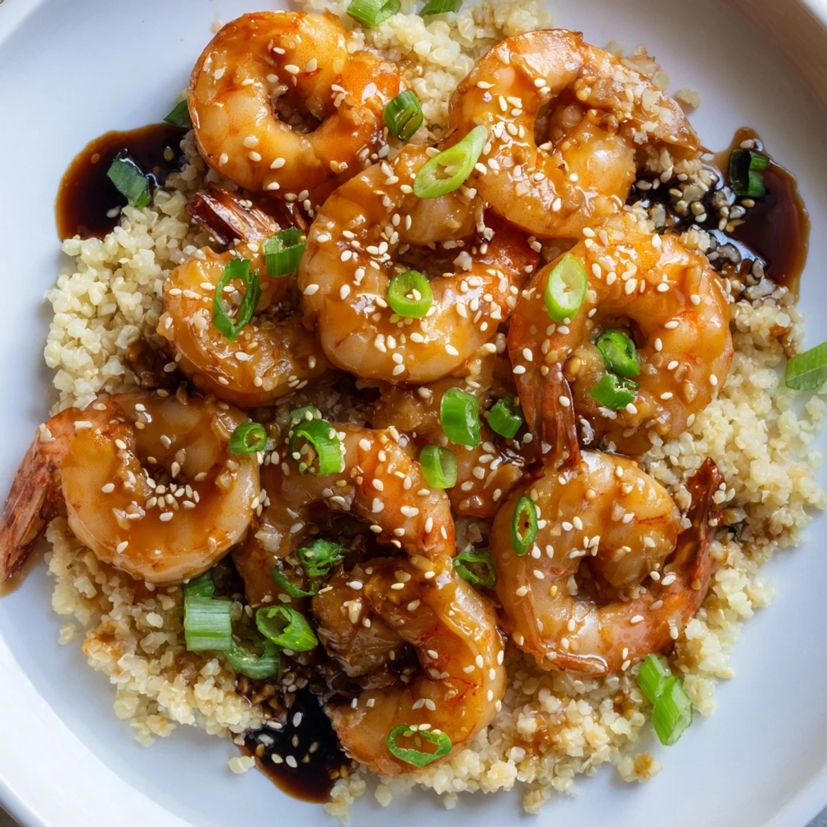 Vibrant Ginger Garlic Shrimp Bowls overflowing with tender shrimp, cauliflower rice, and fresh green onion garnish.