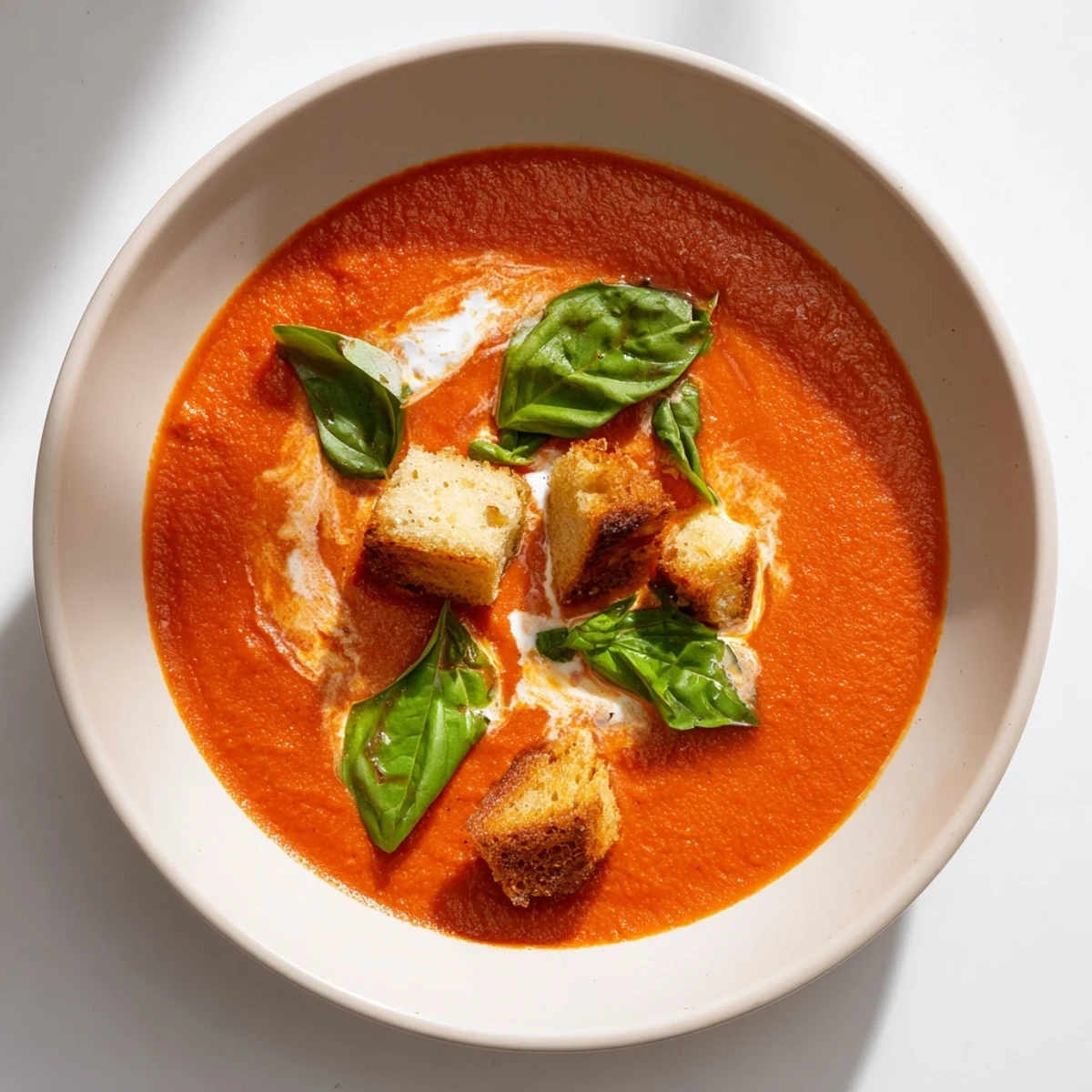 Creamy Roasted Garlic Tomato Soup, served hot, with basil and toasted bread for a comforting meal.