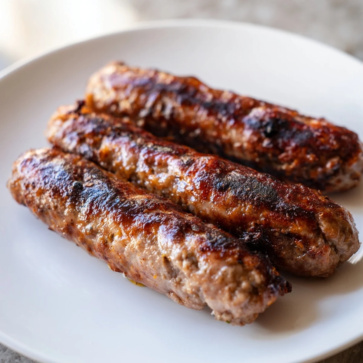 Grilled Romanian mici sausages, browned and sizzling, ready to serve with mustard and bread.