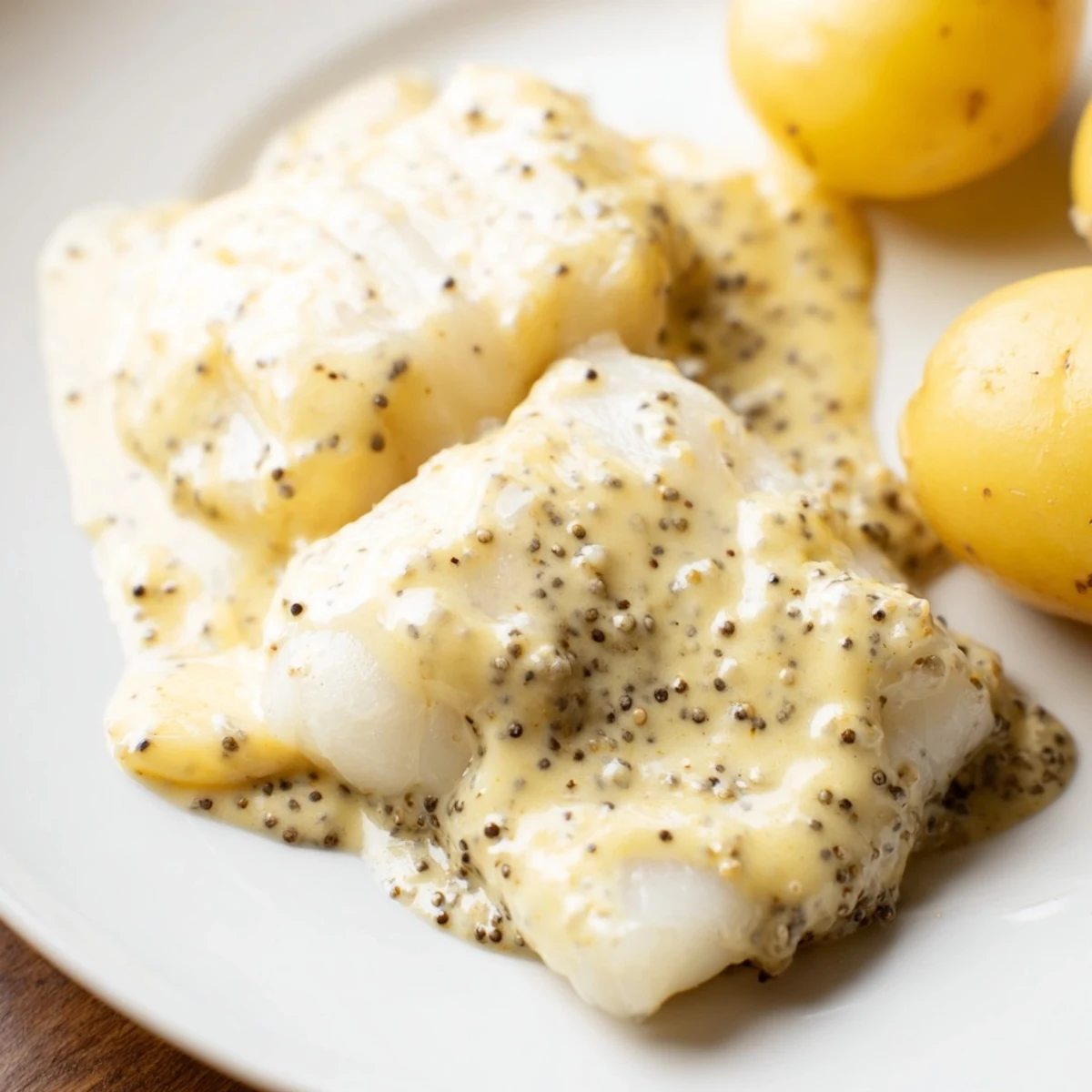 A plate of traditional Norwegian Lutefisk, moist white fish with a rich, yellow mustard sauce.