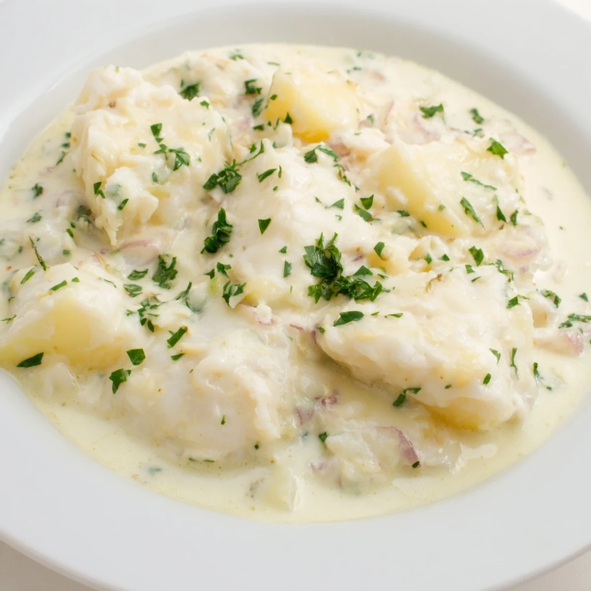 A steaming bowl of Icelandic Fish Stew, creamy and packed with tender chunks of white fish.