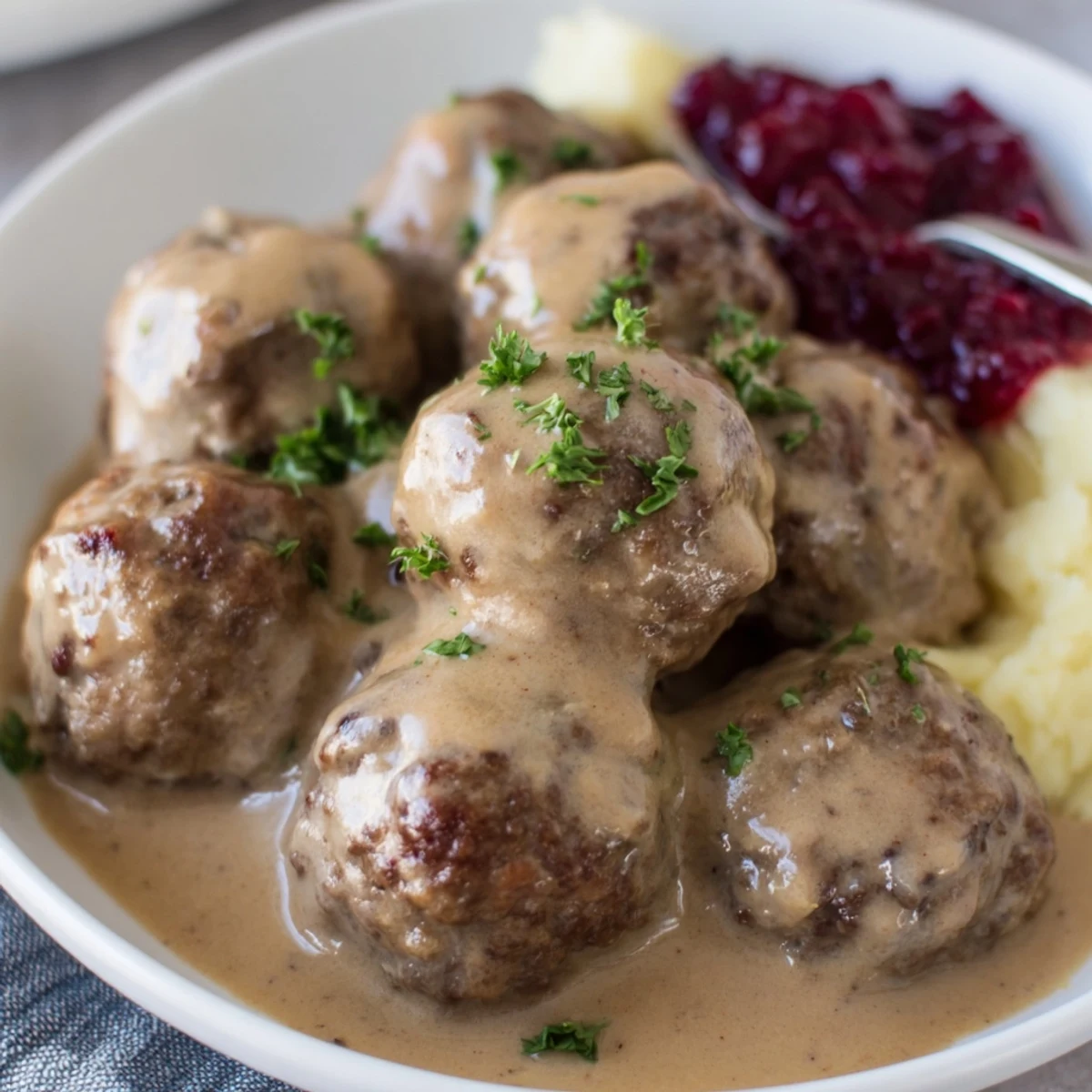 Golden-brown Swedish Meatballs swimming in a creamy, savory sauce, ready to serve with mashed potatoes.