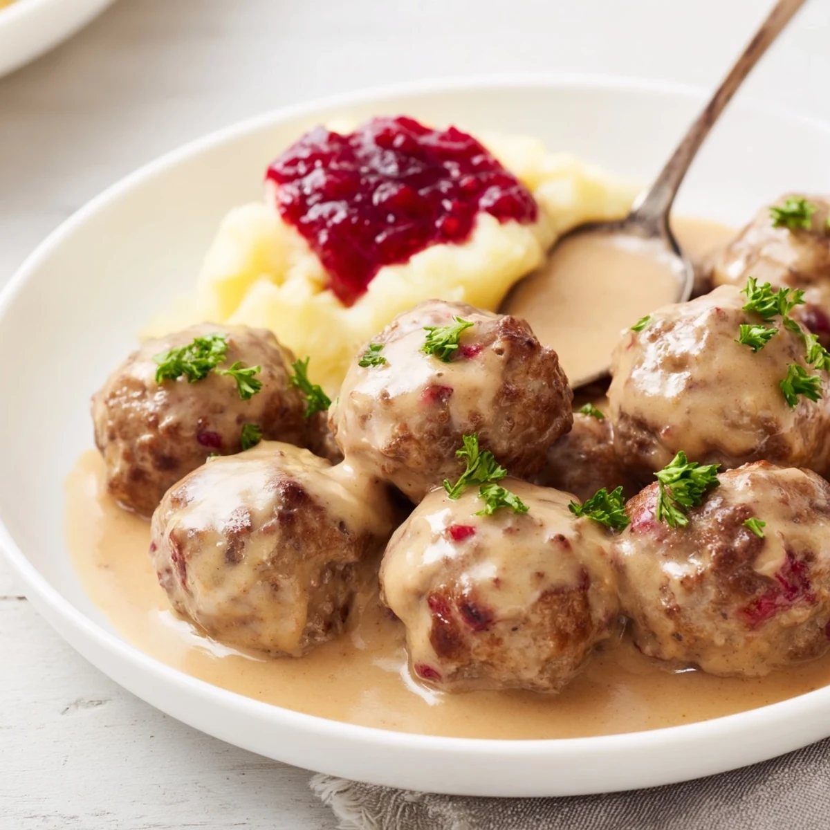 A close-up of tender Swedish Meatballs, richly sauced, a classic comfort food dinner with lingonberry jam.