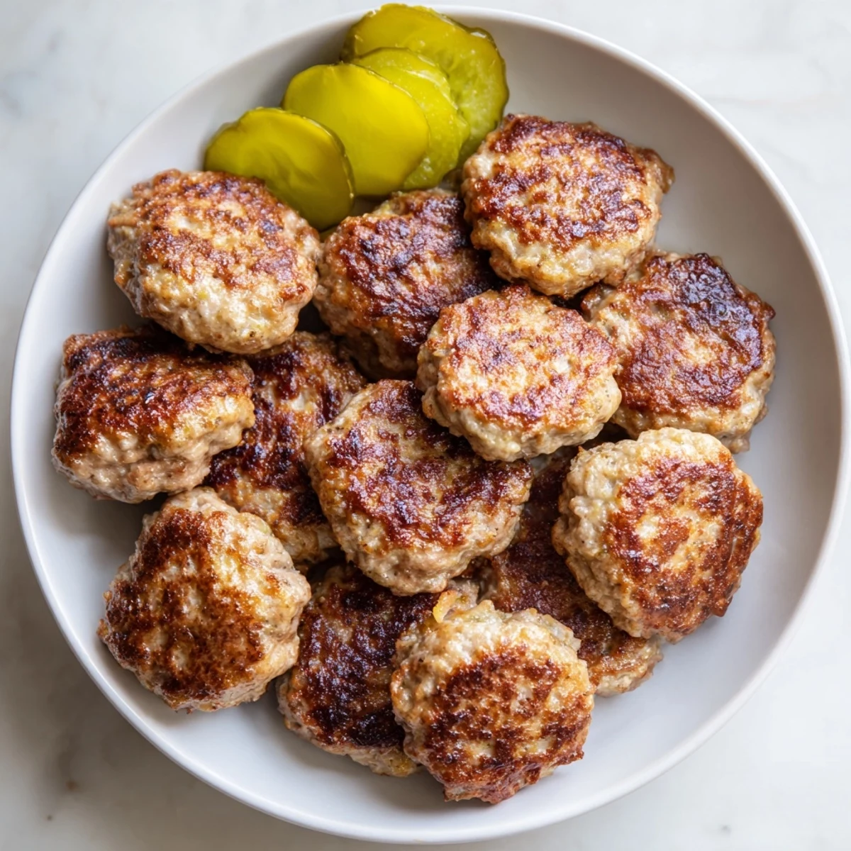 Golden-brown Danish Frikadeller meatballs, ready to serve with tangy pickles, a classic comfort food.