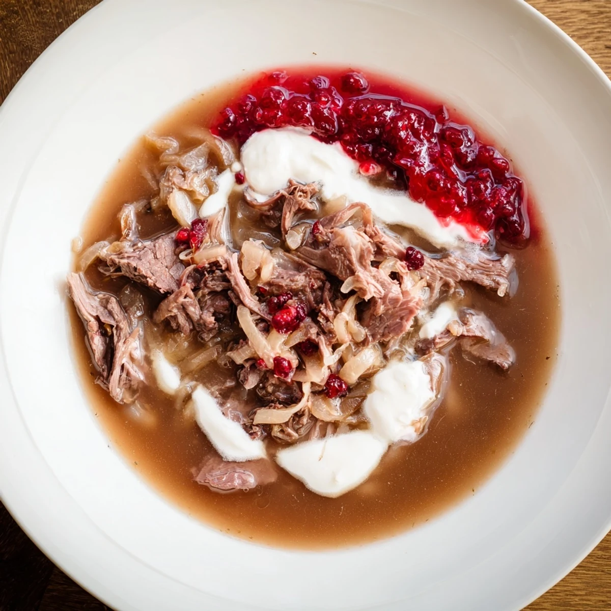 Finnish Reindeer Stew, a hearty, rich stew with tender meat and creamy sour cream, ready to serve.