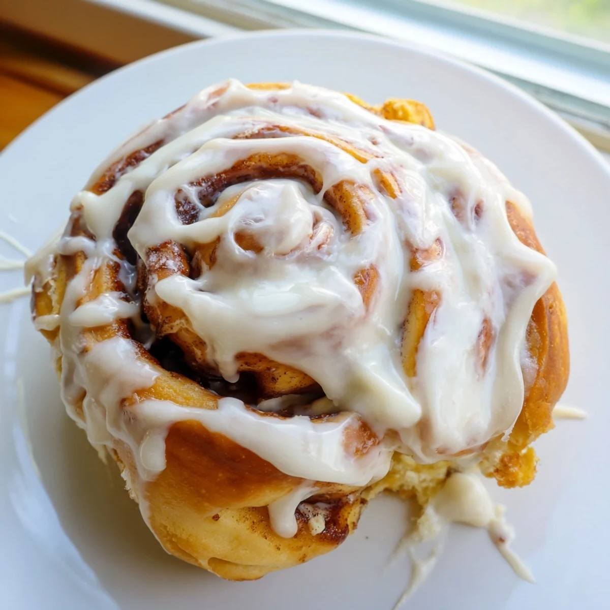 Freshly baked Pillow Soft Cinnamon Rolls glistening with cream cheese glaze, ready for a cozy breakfast.  