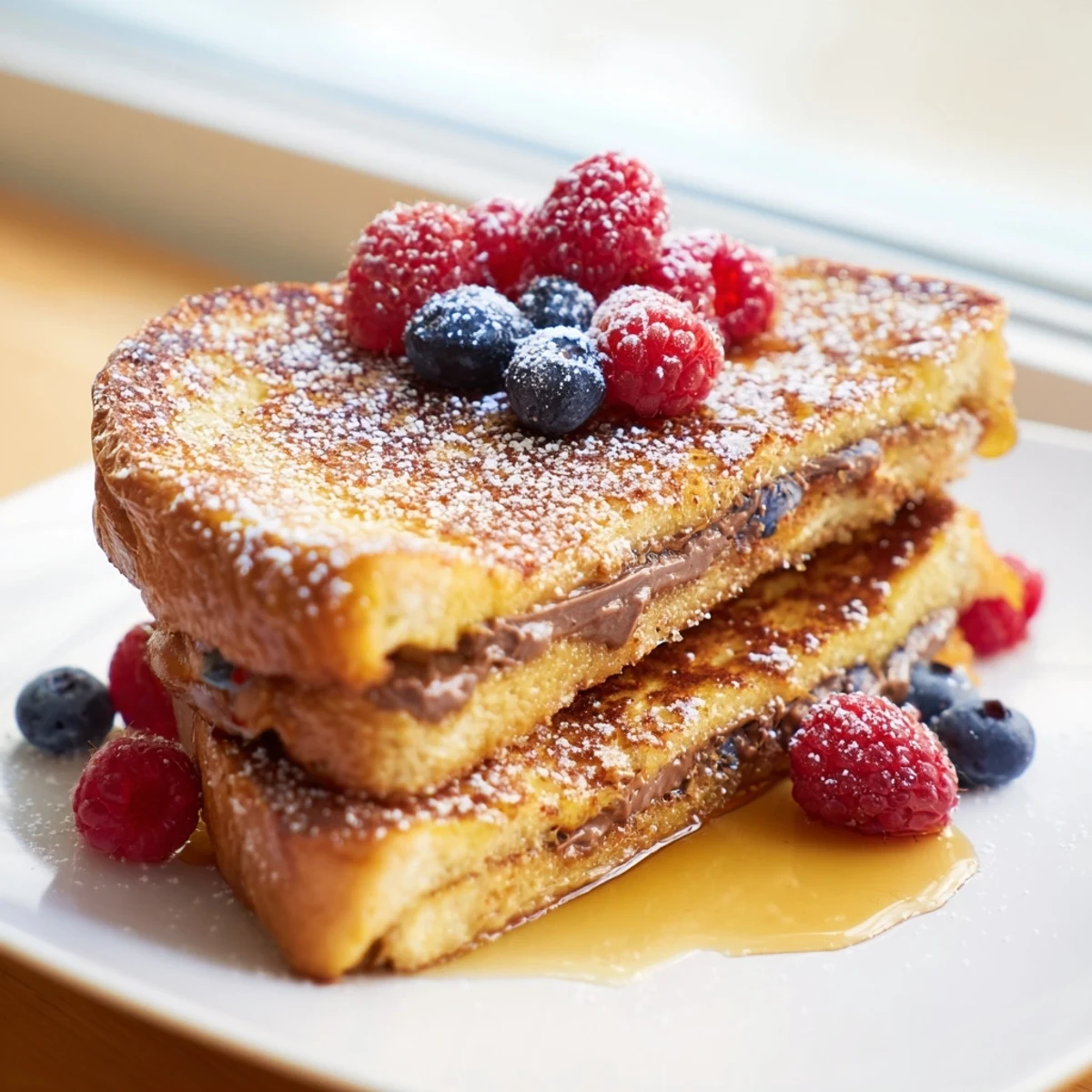 Golden-brown Nutella Brioche French Toast slices dusted with powdered sugar and fresh berries.