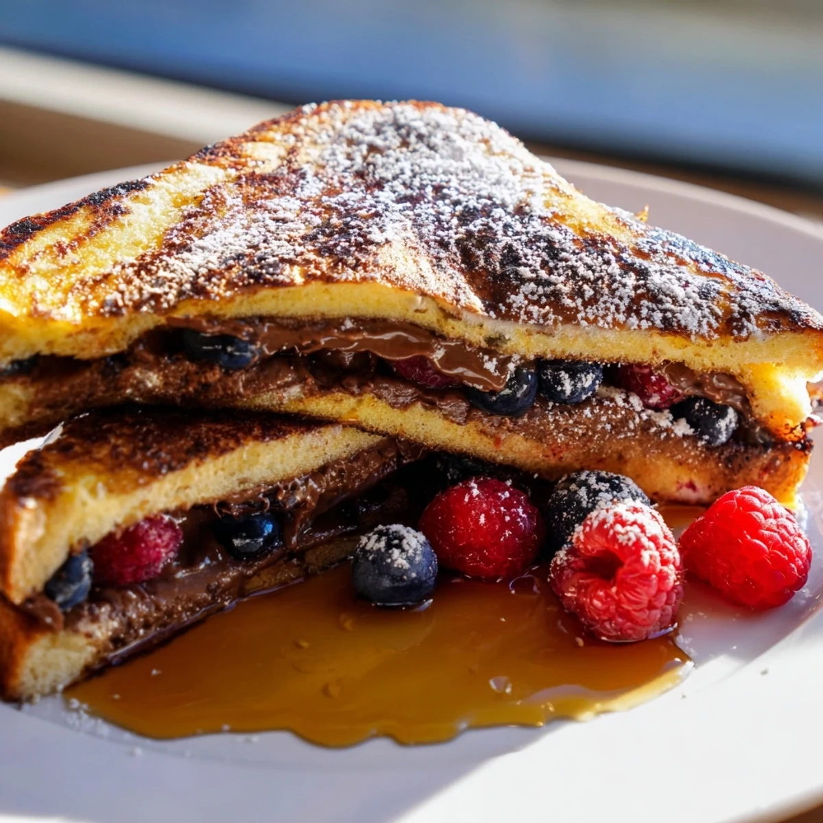 Pan-fried Nutella Brioche French Toast served with maple syrup and fresh berries for brunch.