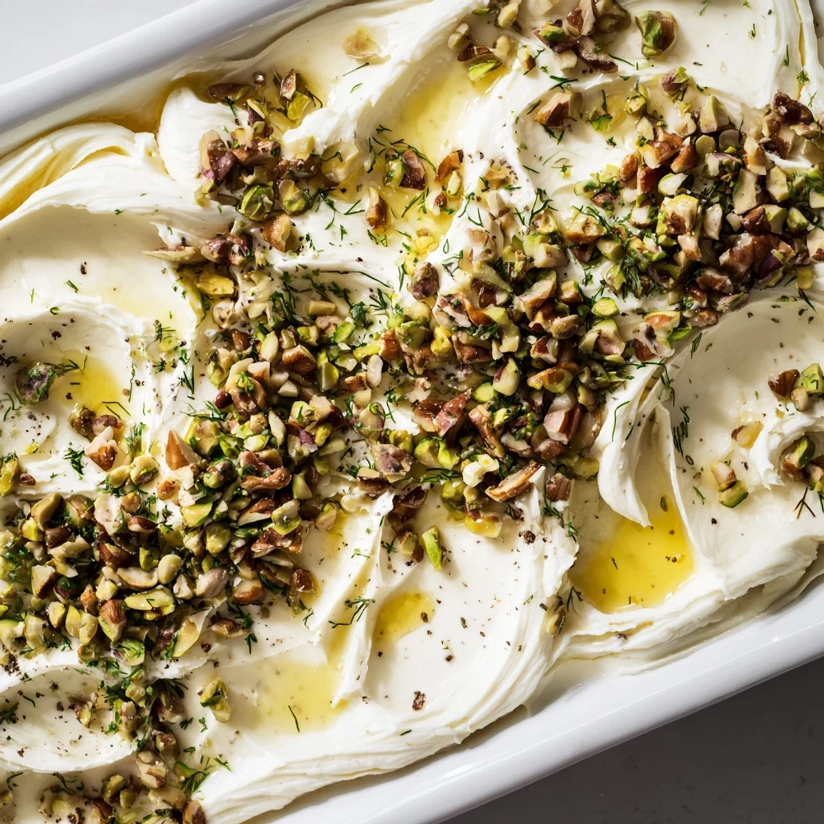 Creamy, whipped butter spread on a wooden board with chopped nuts, herbs, and honey drizzle for a Flavored Butter Board Charcuterie.