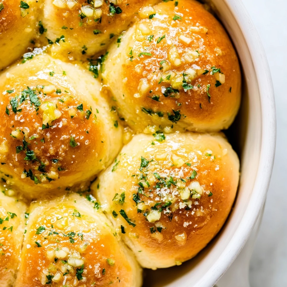Golden Garlic Butter Bread Pull-Apart rolls with melted butter and parsley in a round pan.  