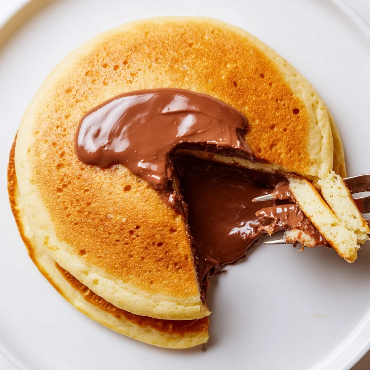 Fluffy Nutella Stuffed Pancakes stacked high, dusted with powdered sugar, and ready for a sweet breakfast.  