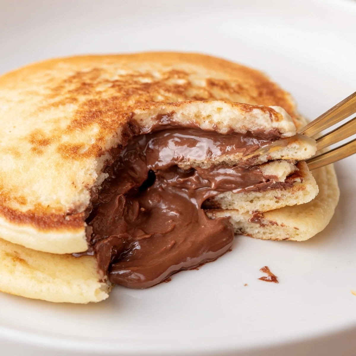 A single Nutella Stuffed Pancake cut open to reveal the gooey, warm chocolate filling inside.