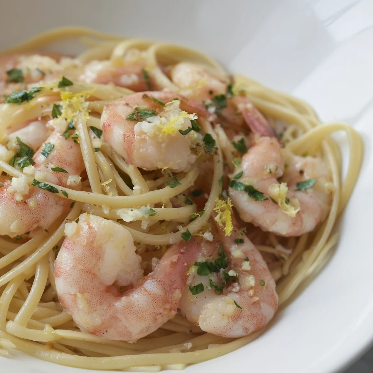 Platter of Garlic Butter Shrimp Linguine garnished with fresh parsley and lemon zest.