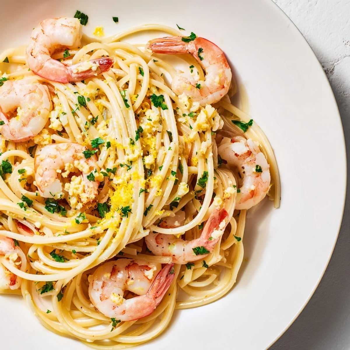 Close-up of Garlic Butter Shrimp Linguine highlighting tender shrimp and garlic butter sauce.