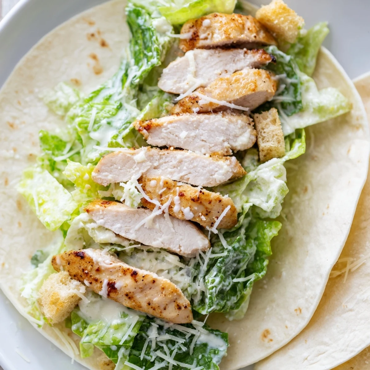 Golden-brown grilled chicken slices rest atop a vibrant Caesar salad of crisp romaine, parmesan, and crunchy croutons inside a soft flour tortilla.  