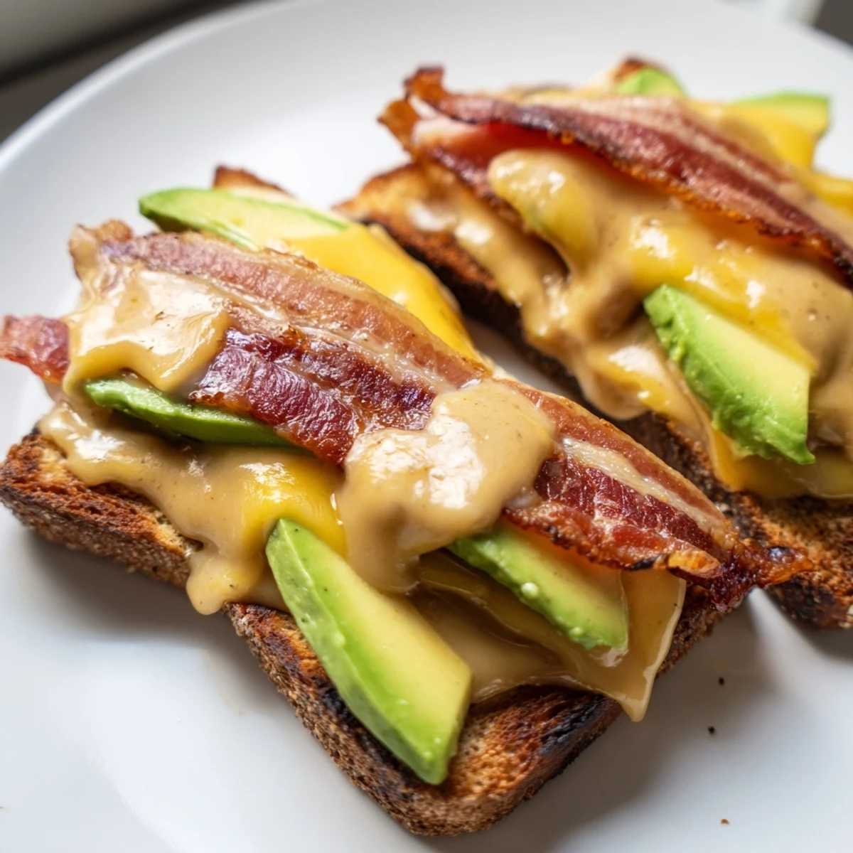 The Avocado BLT Grilled Cheese, sliced in half, showcases vibrant layers of green avocado, red tomato, and crispy bacon nestled between melted cheese.