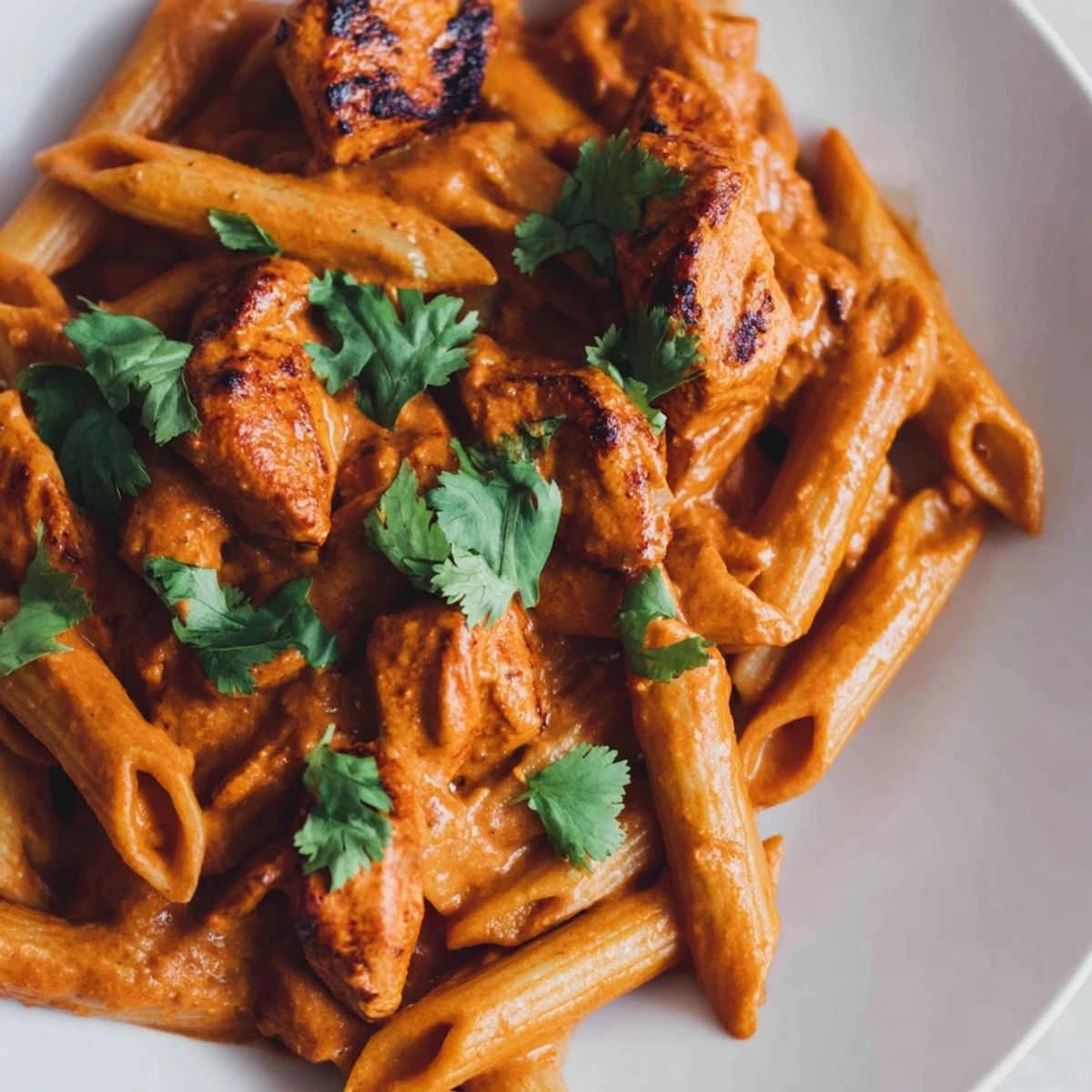 The finished Chicken Tikka Pasta showcases juicy, charred tikka pieces and penne coated in a creamy, spiced tomato sauce, garnished with fresh cilantro.