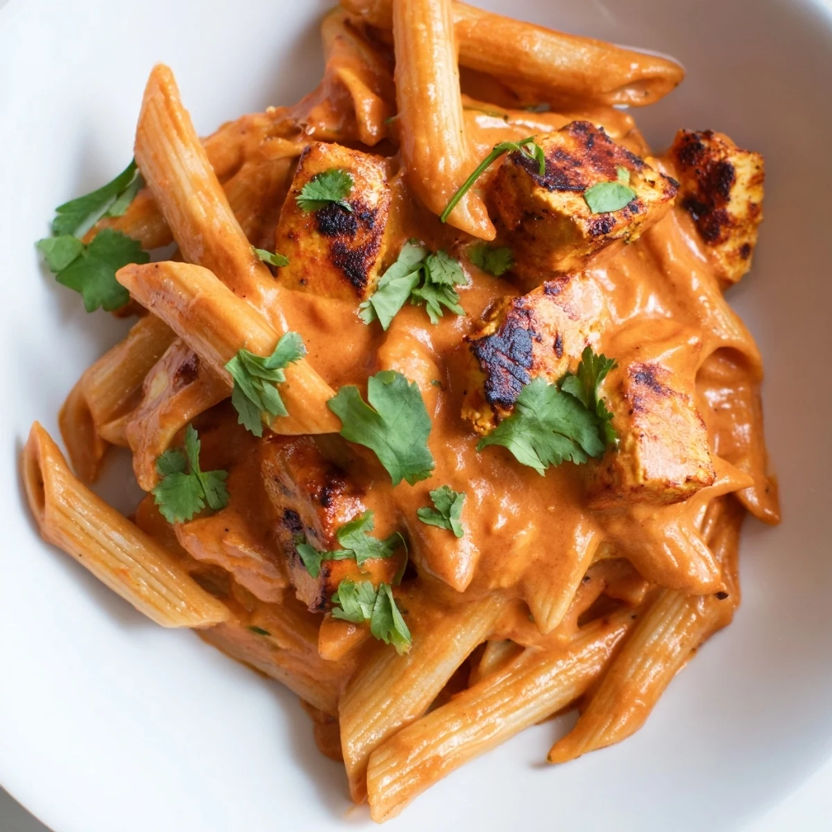 Colorful Chicken Tikka Pasta features golden-brown tikka pieces tossed with penne in a rich, crimson sauce, highlighted by a sprinkle of fresh cilantro.