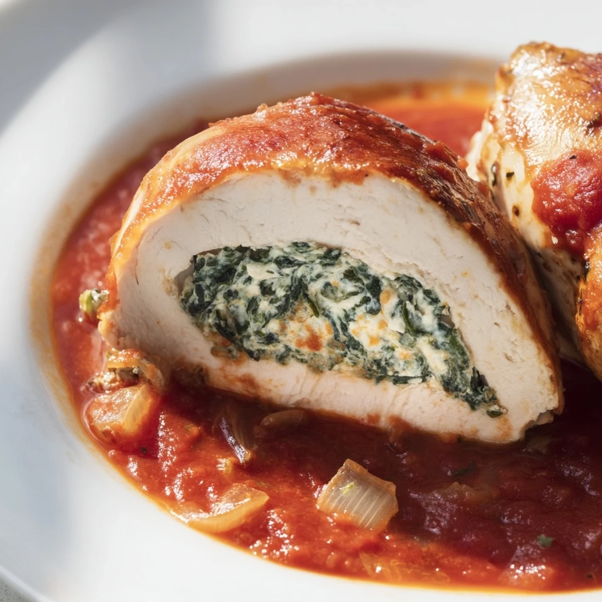 Juicy Spinach Ricotta Stuffed Chicken with melted Parmesan topping, resting in a skillet with vibrant red tomato sauce.