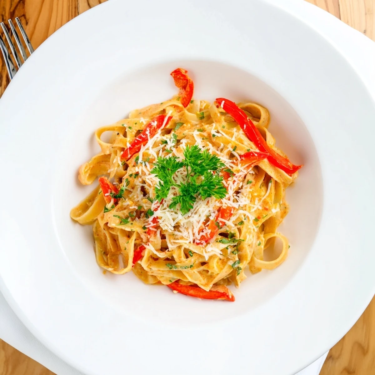 Serving of Creamy Cajun pasta with roasted bell peppers and a drizzle of heavy cream sauce.