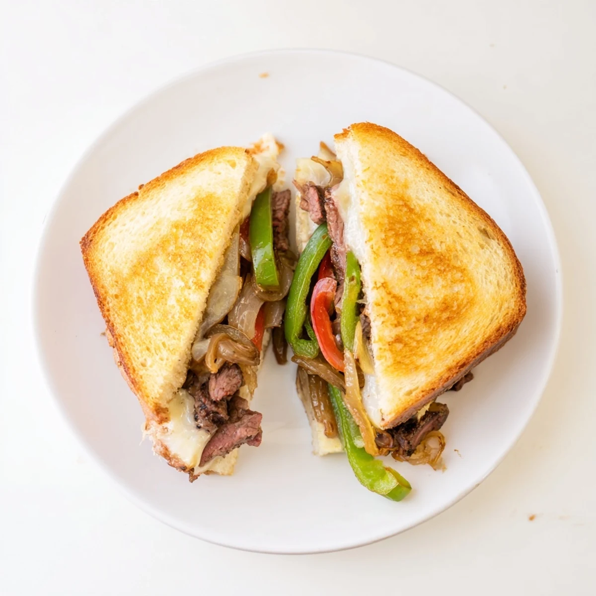 Philly cheesesteak grilled cheese on sourdough, served with a side of crispy fries.