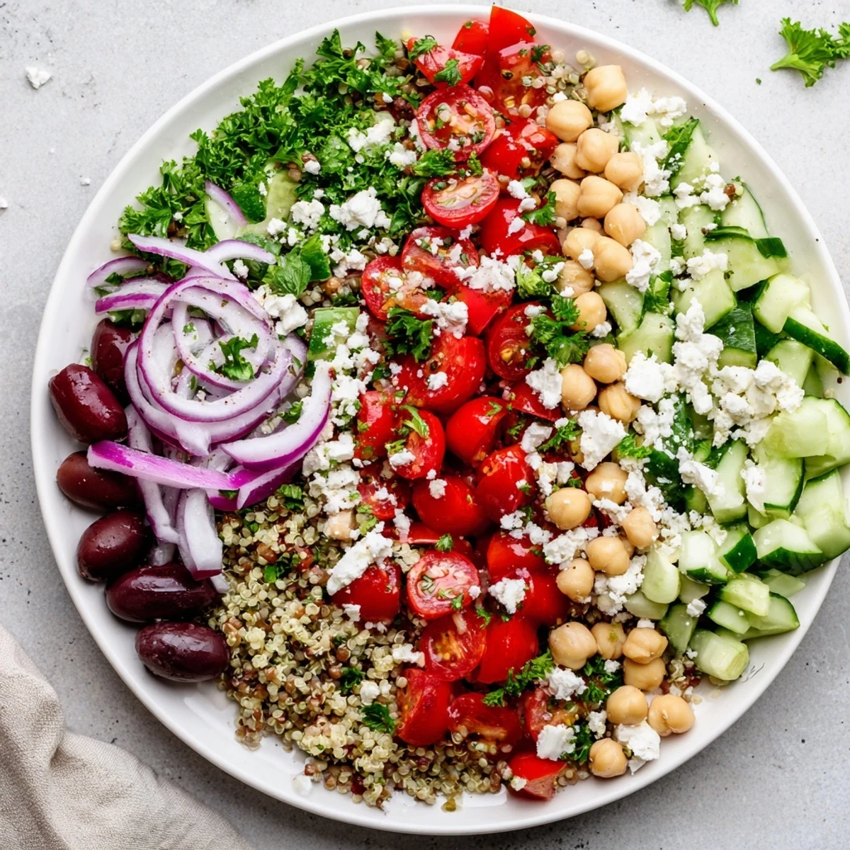 Hearty Greek Power Salad with crisp cucumbers, cherry tomatoes, and zesty vinaigrette drizzled over.  