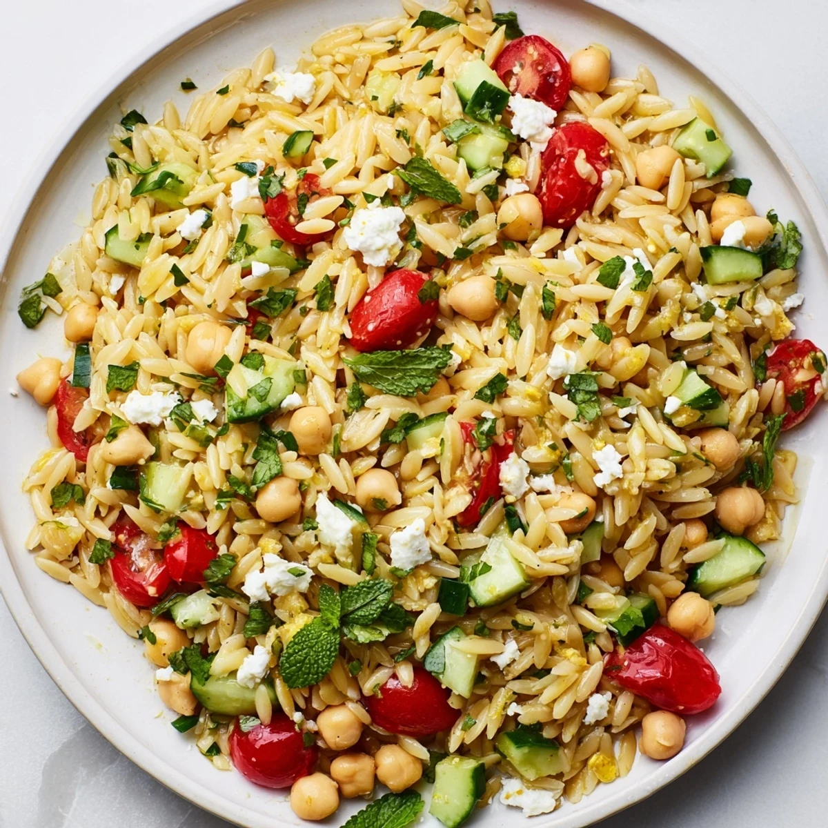 Bright lemony chickpea orzo salad in a white bowl with diced cucumbers, halved cherry tomatoes, and crumbled feta, tossed in a glossy vinaigrette.