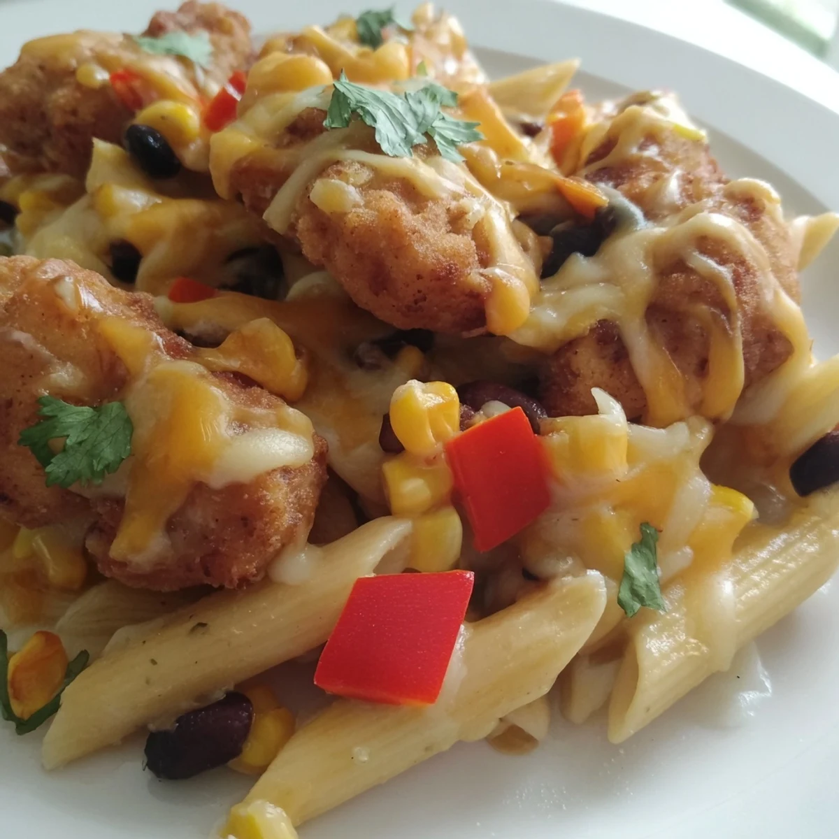 Golden, crispy seasoned chicken pieces nestled in a skillet of cheesy Tex-Mex pasta, topped with fresh cilantro and sliced green onions.