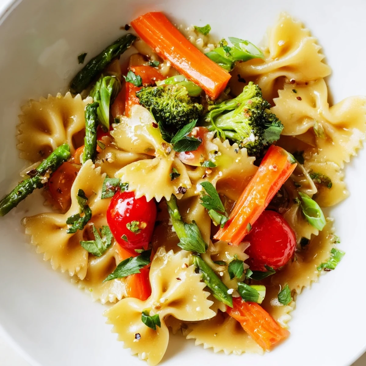 Lemon-garlic coated Rainbow Veggie Pasta Primavera tossed with red peppers and tomatoes, ready to enjoy for a healthy dinner.