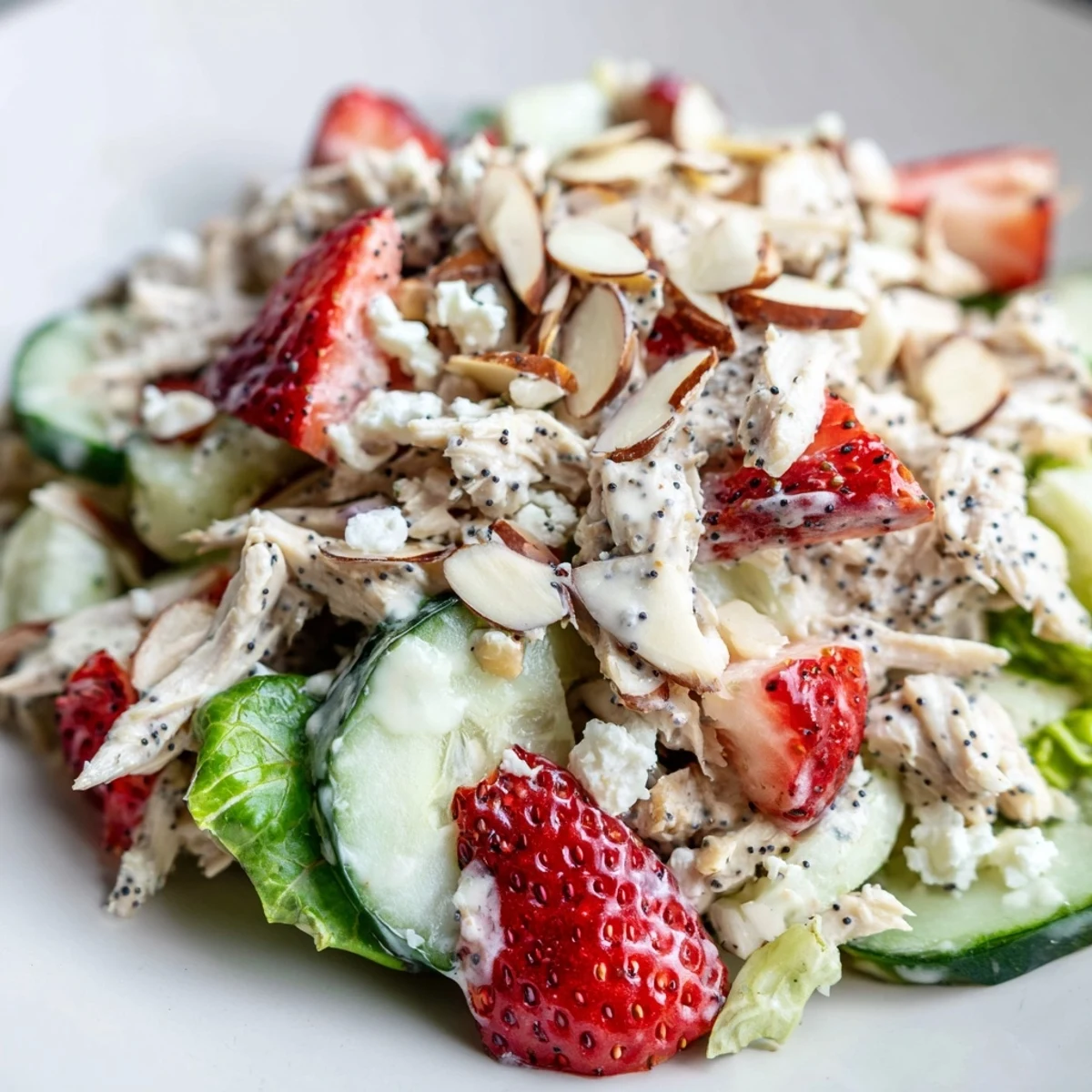 Freshly poached shredded chicken tossed with juicy strawberry slices and crisp cucumber on a bed of mixed greens.