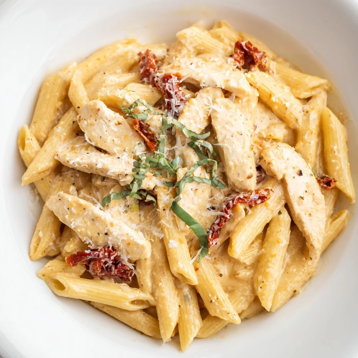 Creamy Sun-Dried Tomato Chicken Pasta with tender penne, juicy chicken strips, and a rich garlic Parmesan sauce.  