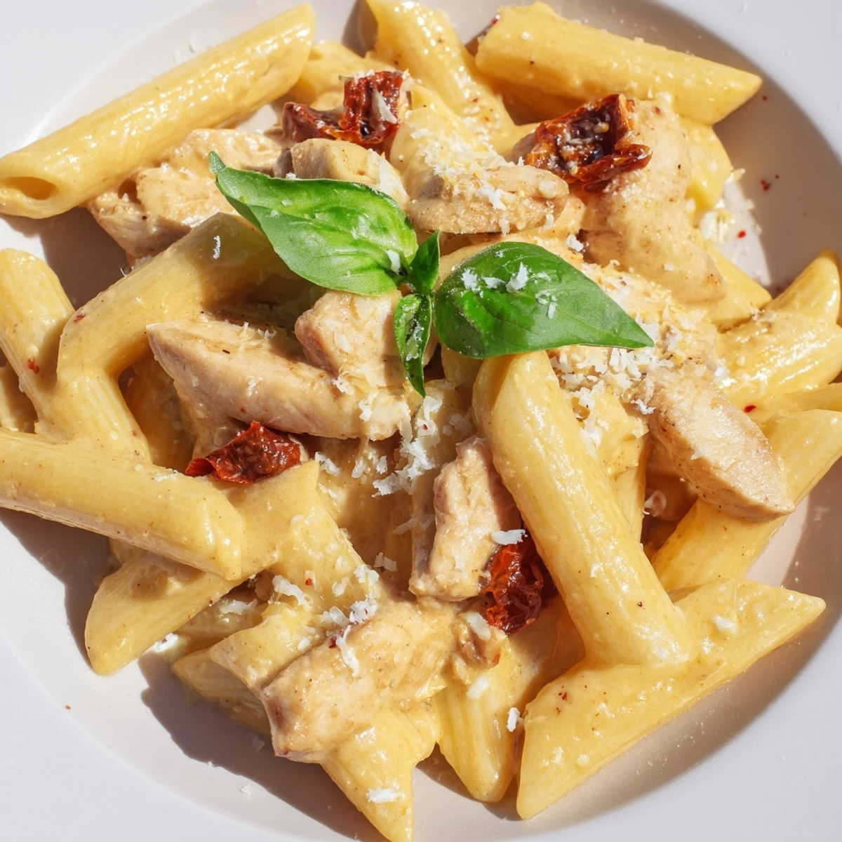 A comforting bowl of Creamy Sun-Dried Tomato Chicken Pasta garnished with fresh basil and extra grated Parmesan.  
