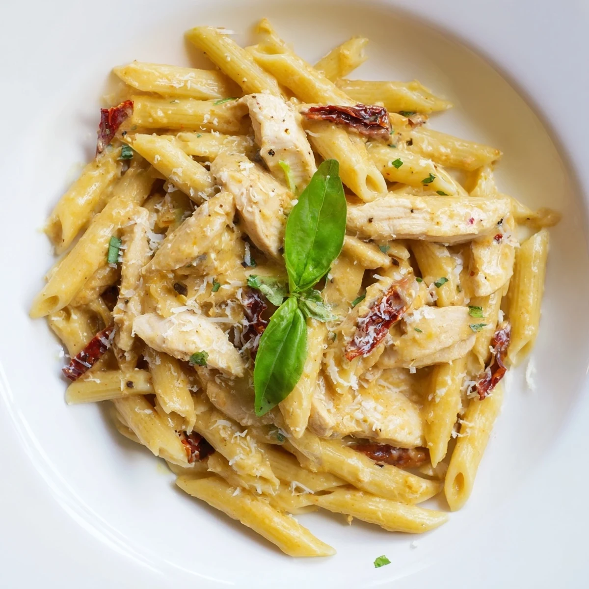 Steaming skillet of Creamy Sun-Dried Tomato Chicken Pasta featuring golden chicken and vibrant sun-dried tomatoes in every bite.