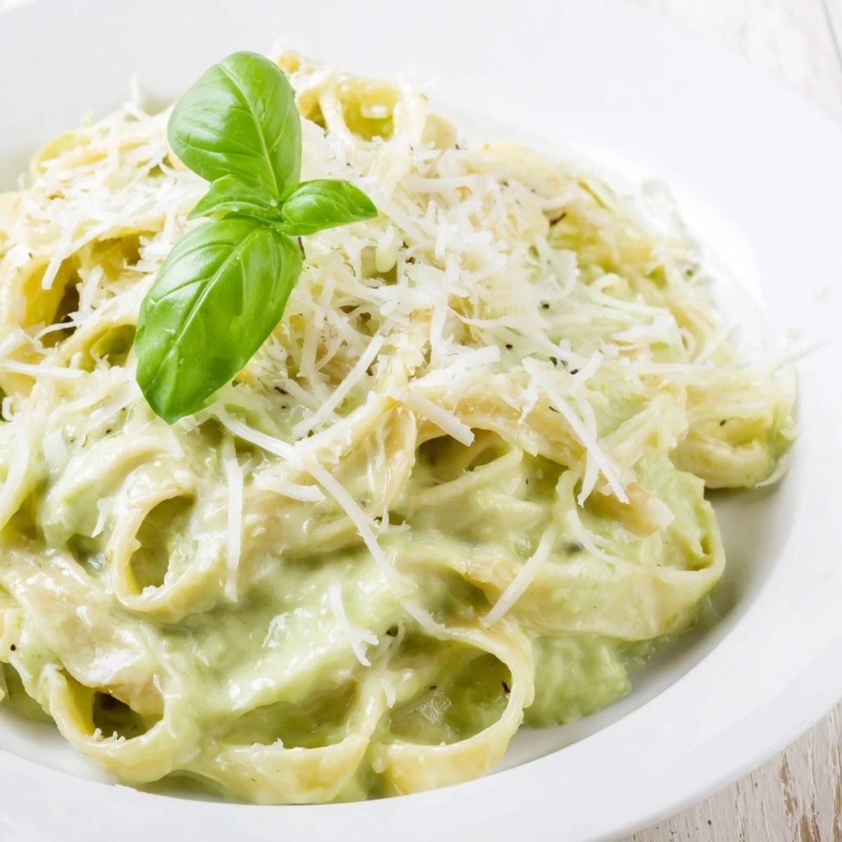 A close-up of a vibrant green pea Alfredo pasta dish topped with cracked black pepper and fresh herbs.
