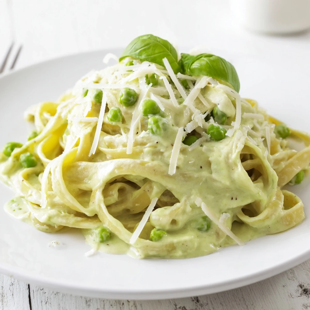 Freshly cooked fettuccine tossed in a creamy green pea Alfredo sauce, garnished with basil and Parmesan cheese.