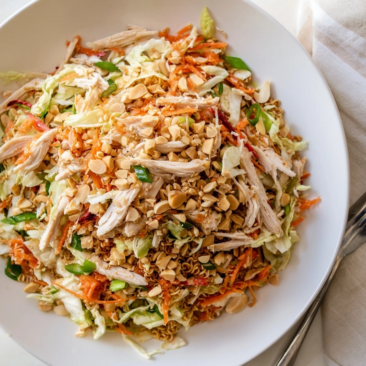 Crunchy Ramen Chicken Salad in a clear glass bowl showcases shredded cabbage, carrots, and tender rotisserie chicken. Toasted almonds and crushed ramen noodles add texture, drizzled with a sweet sesame dressing.