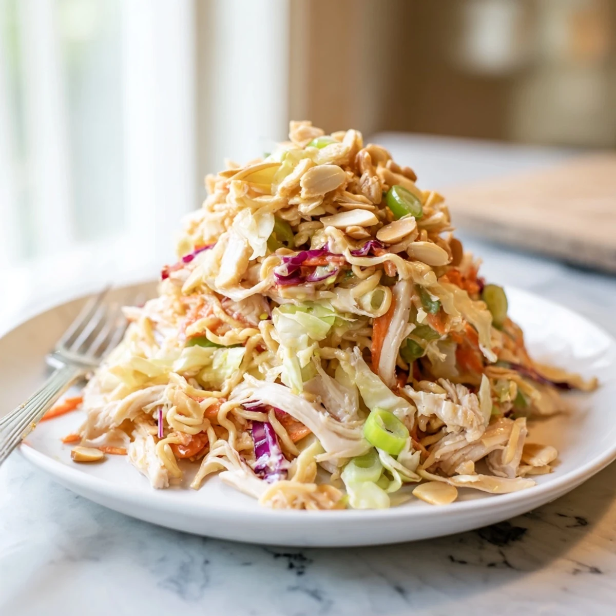 Perfect for a quick lunch or potluck, this vibrant salad features bright green cabbage and shredded carrots next to juicy rotisserie chicken.