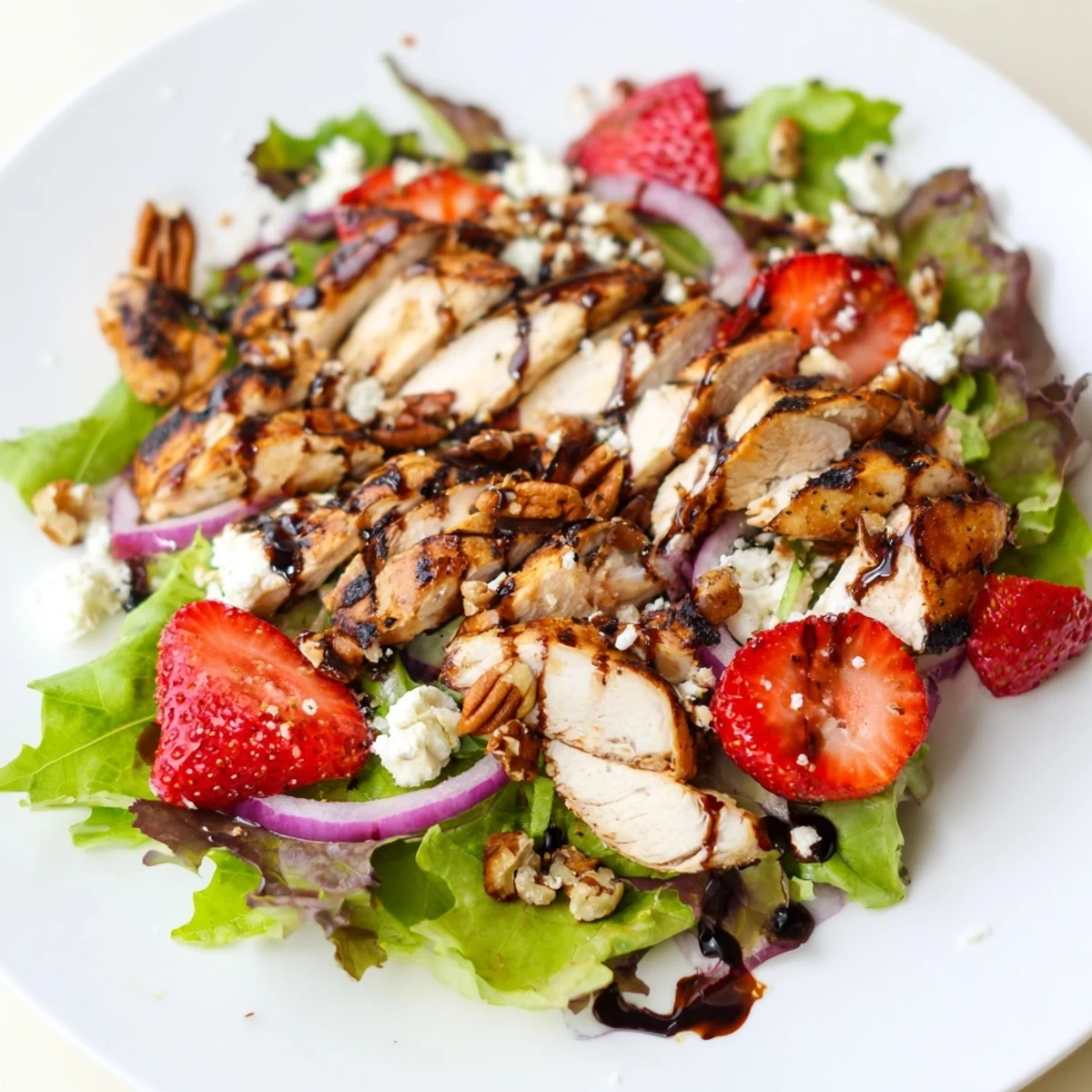 Juicy grilled chicken slices, sliced strawberries, and crumbled goat cheese on mixed greens, drizzled with a glossy honey balsamic glaze.